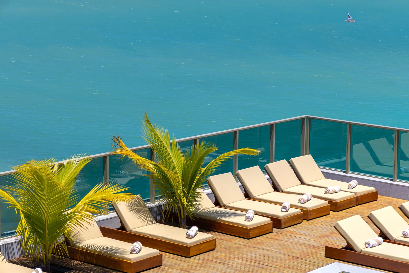 Piscina do rooftop com espreguiçadeiras, coqueiros e vista para o mar da Pajuçara